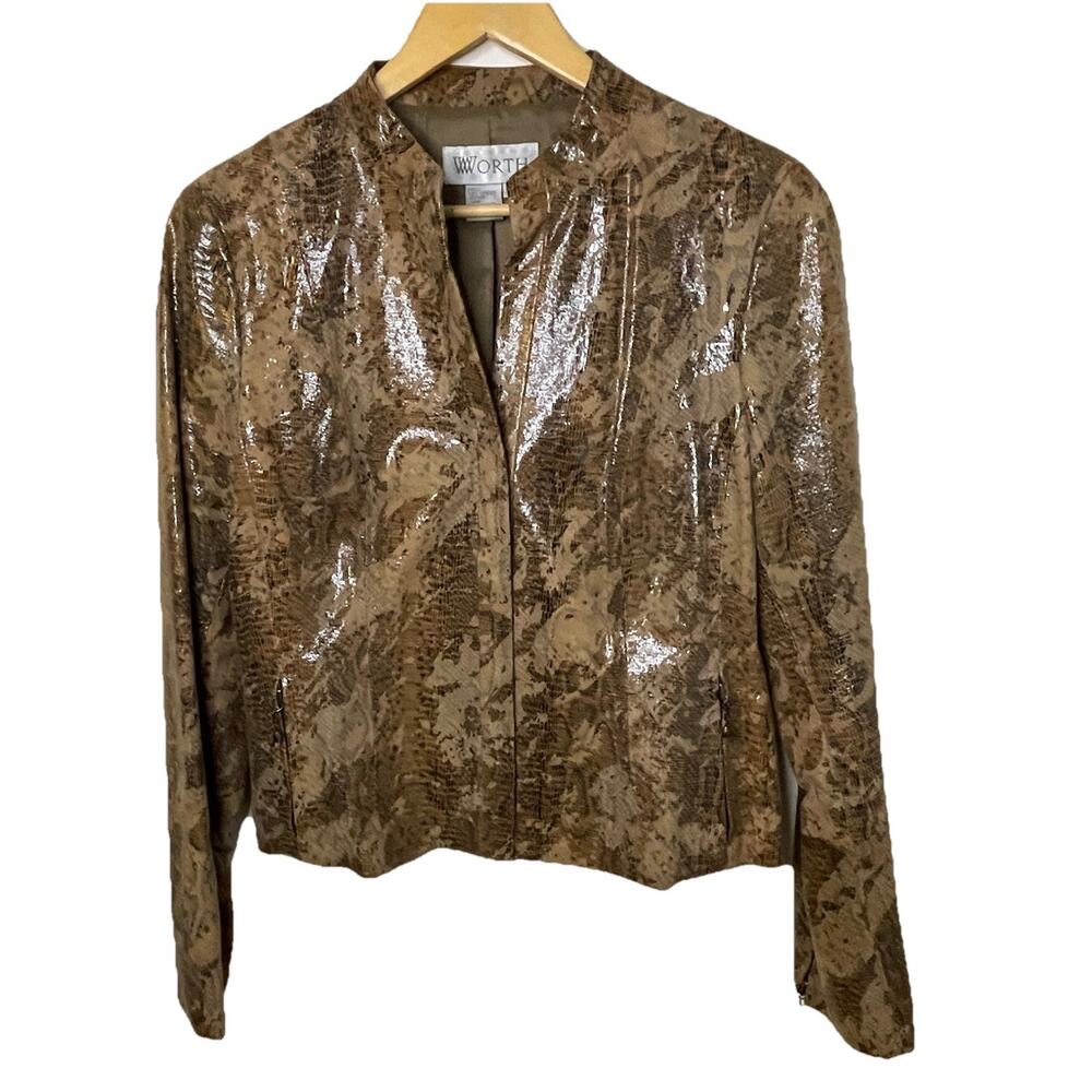 VTG Worth Caramel Brown Leather ,Snakeskin Pattern, Jacket Lined V-Neck Sz 10